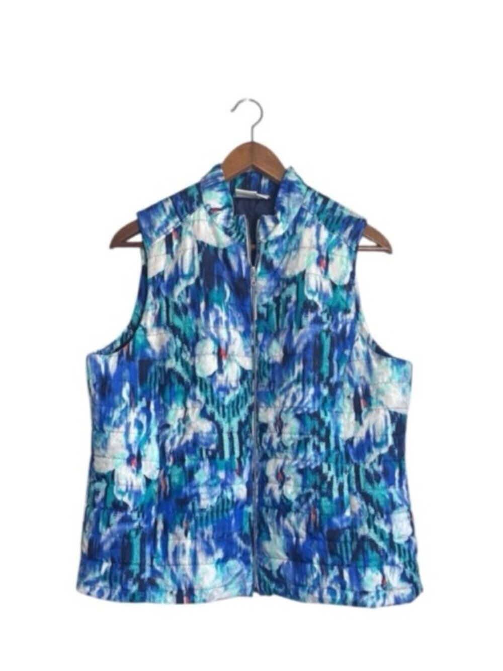 Weekends by Chico's Blue Abstract Blossom Secrets Pauline Quilted Zip Vest